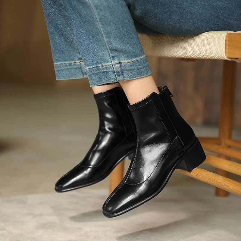 

2022 Autumn Winter Back Zipper Genuine Leather Women Ankle Boots Thick Heels Pumps Party Basic Shoes Woman Size 41 42