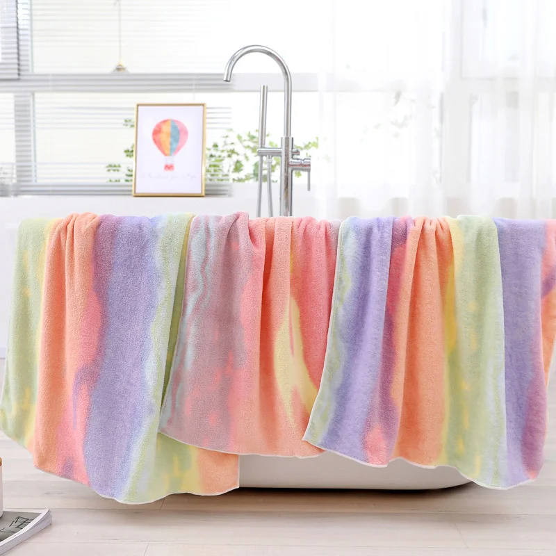 

Thickened high density coral velvet edging bath towel Gradual color creative gift towel Soft water absorbing rainbow bath towel