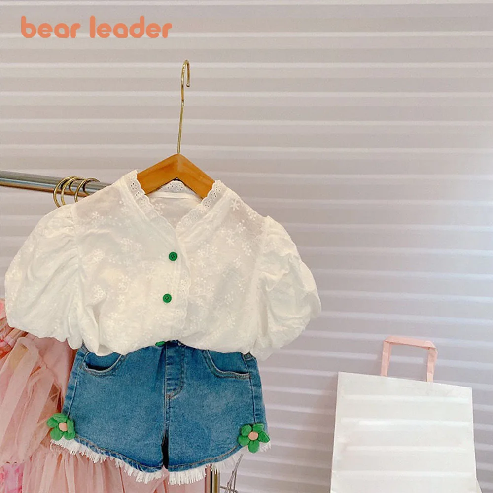 

Bear Leader Summer Girls Clothing Sets Lace Puff Sleeve Top+ Applique Flowers Denim Shorts Kids Outfit Children Clothes Suit