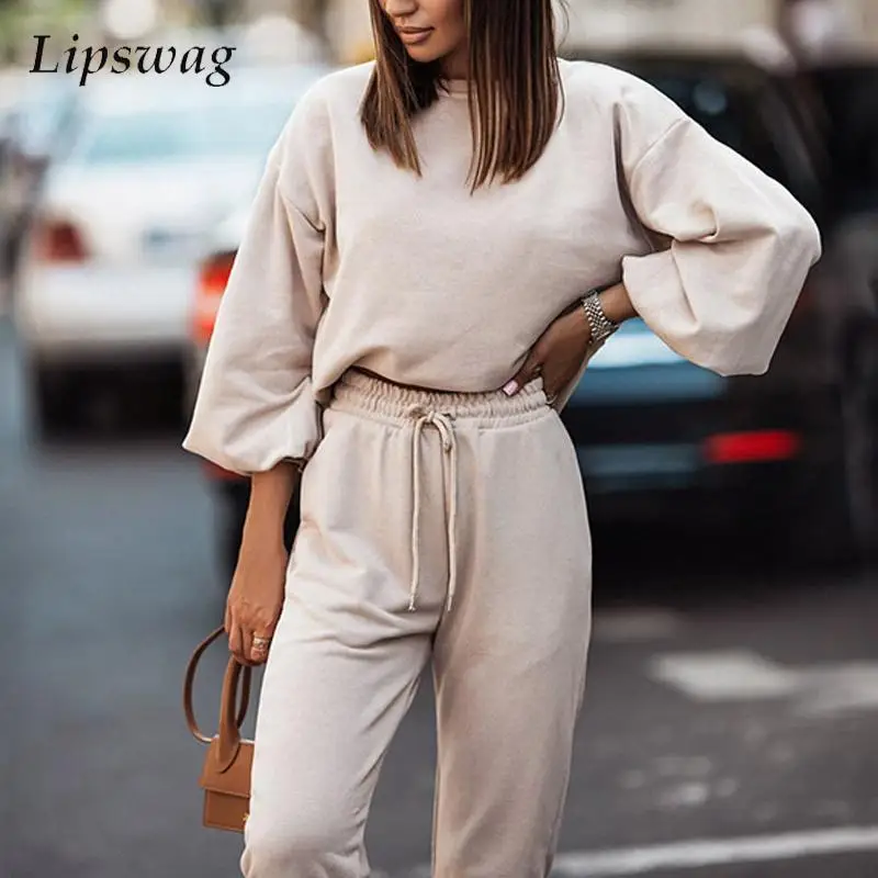 

Elegant Back Hollow Out Loose Suits Spring O Neck Lantern Sleeve Tops Trousers Suits Fashion Solid Color Tracksuit Two Piece Set