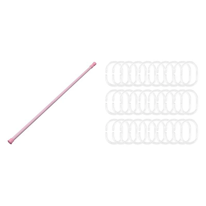 

1X Spring Loaded Extendable Telescopic Net Voile Tension Curtain Rail Pole & 30X Shower Curtain Rings C Rings Hook