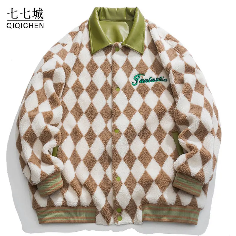 

Winter Plaid Lambwool Warm Jacket Men Women Streetwear Fashion Hip Hop Thick Puffer Thicken Casual Retro Colorblock Coat Unisex