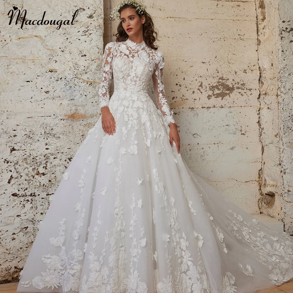 

Современное свадебное платье MACDOUGAL А-силуэта для невесты с высоким воротом Кружевная аппликация с длинными рукавами с открытой спиной свадебное платье на заказ