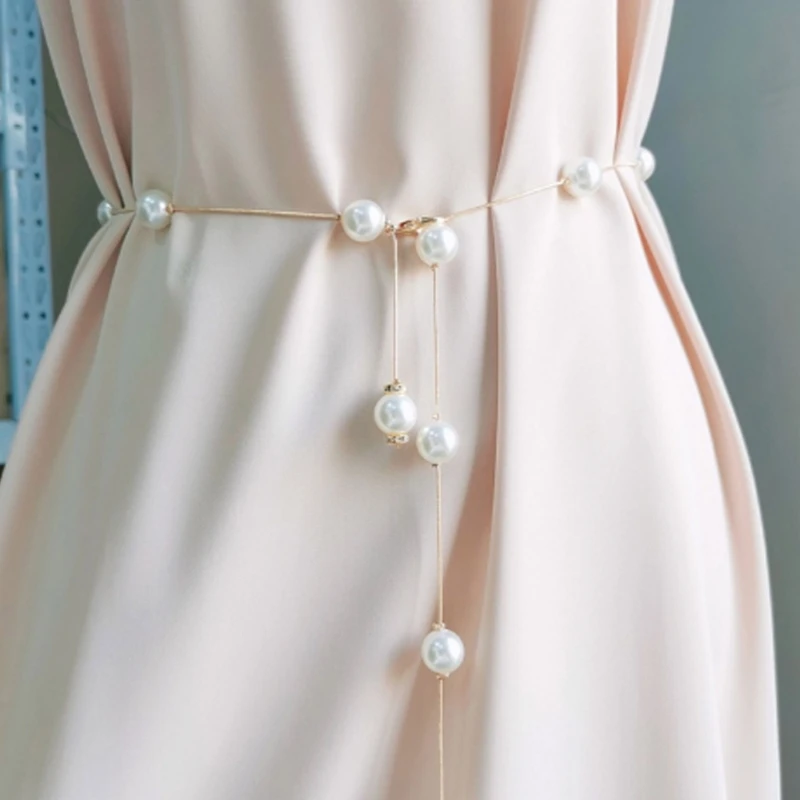 

Ремень с жемчугом Женский, металлический пояс с бусинами, цепочка для платья, аксессуар для тела, подходит для подарка, размеры до 37 дюймов