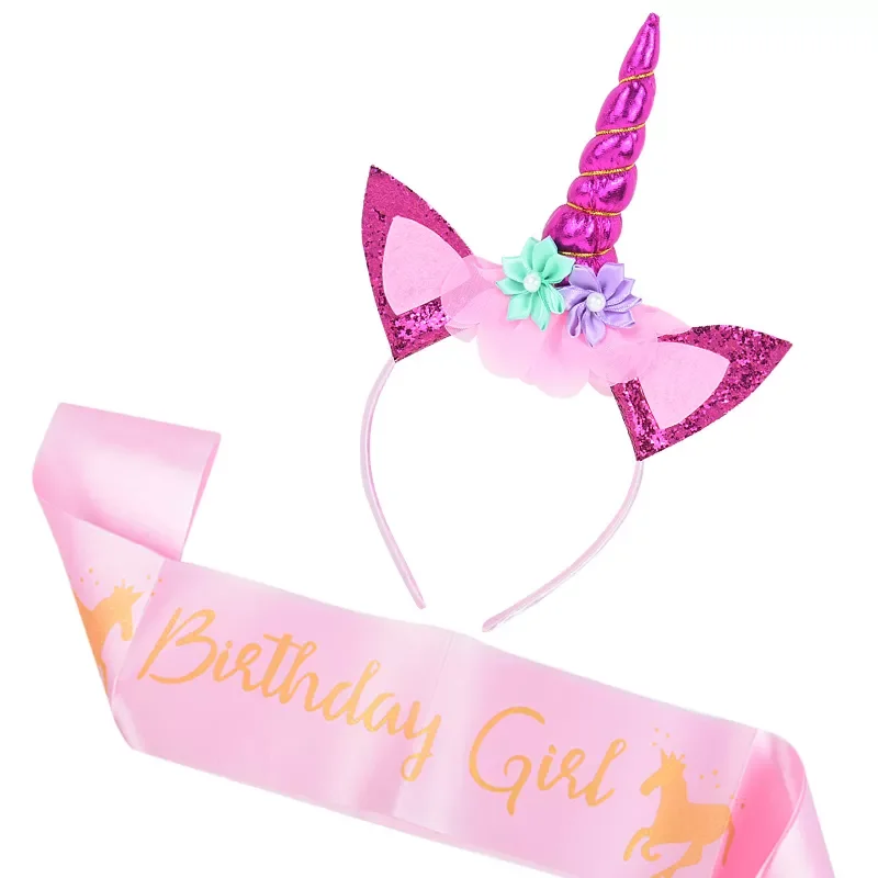 

Horn Headband Birthday Girl Sash Satin for Girl 1st Birthday Party Decoration Unicorn Theme Party Hair Band Baby Shower