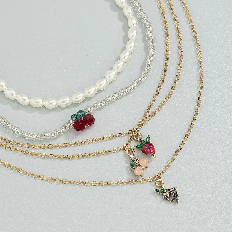 

5pcs/set Pearl Rice Diamond Bead Fruit Pendant Necklace for Women Girls Fashion Jewelry Gifts Pearl Necklaces Simple Ins Style