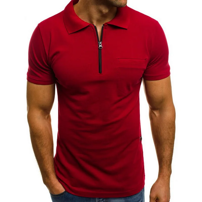 

Laamei 2019 New Mens Polo Shirt Brand Short Sleeve Slim Shirt Solid Color Zipper Turn down Neck Polo shirt Men