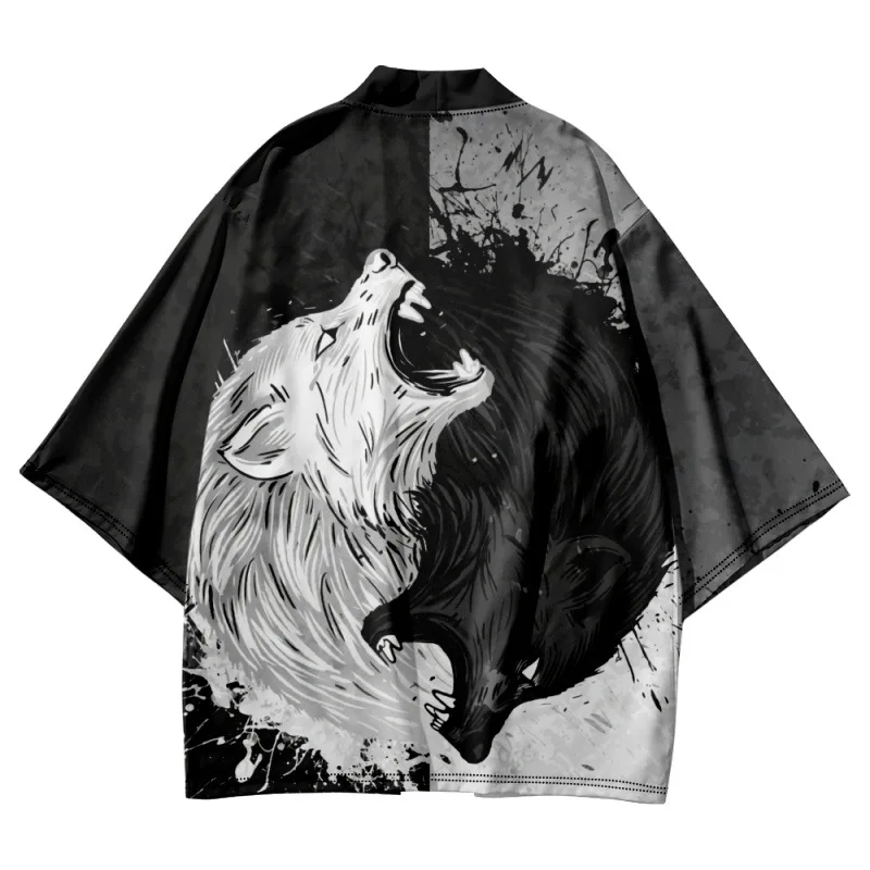 

Japanese Wolf Print Kimono And Shorts Harajuku Streetwear Blouse Shirt Man Yukata Haori Cardigan Samurai Clothing Kimono
