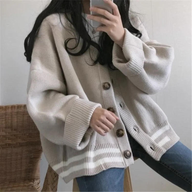 

Lazy Style Single Breasted Gray Knitted Cardigan 2023 Autumn New V-neck Sweaters Y2k Grunge Long Sleeve Cardigans Women