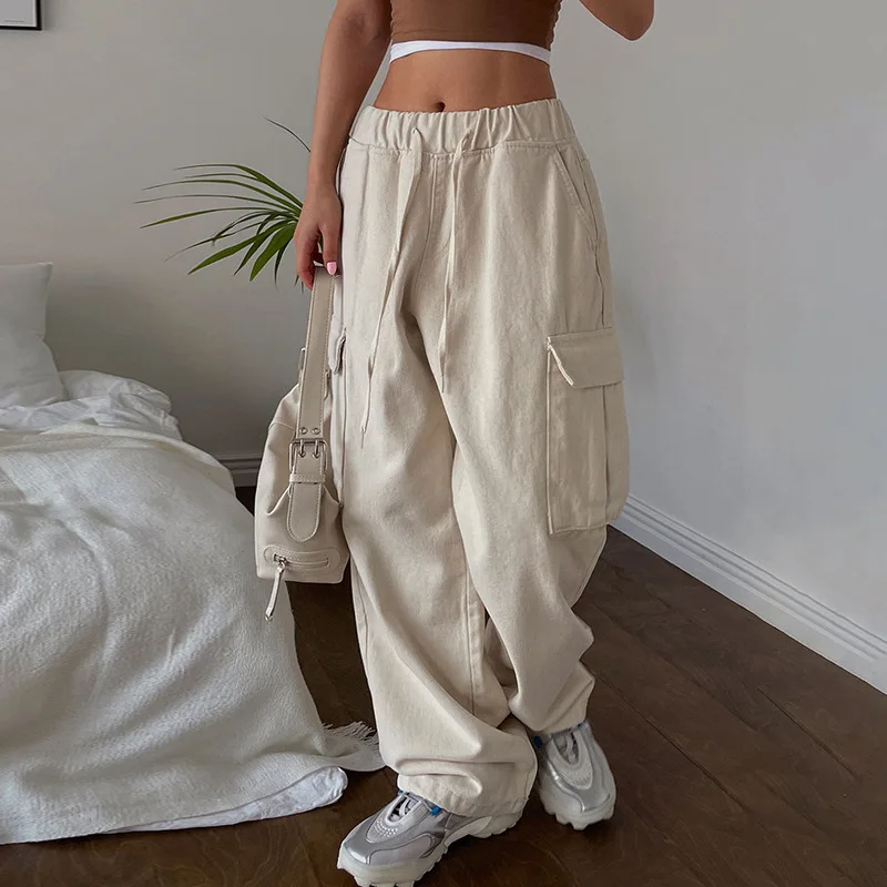 

Брюки-карго Y2K женские с карманами, однотонные свободные прямые штаны оверсайз с завязкой, Повседневная эстетичная уличная одежда с высокой талией
