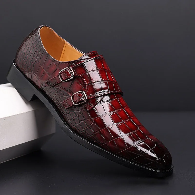 

British Pointed Monk Strap Crocodile Pattern Oxford Shoes For Men's Designer Casual Loafers Formal Wedding Dress Zapatos Hombre