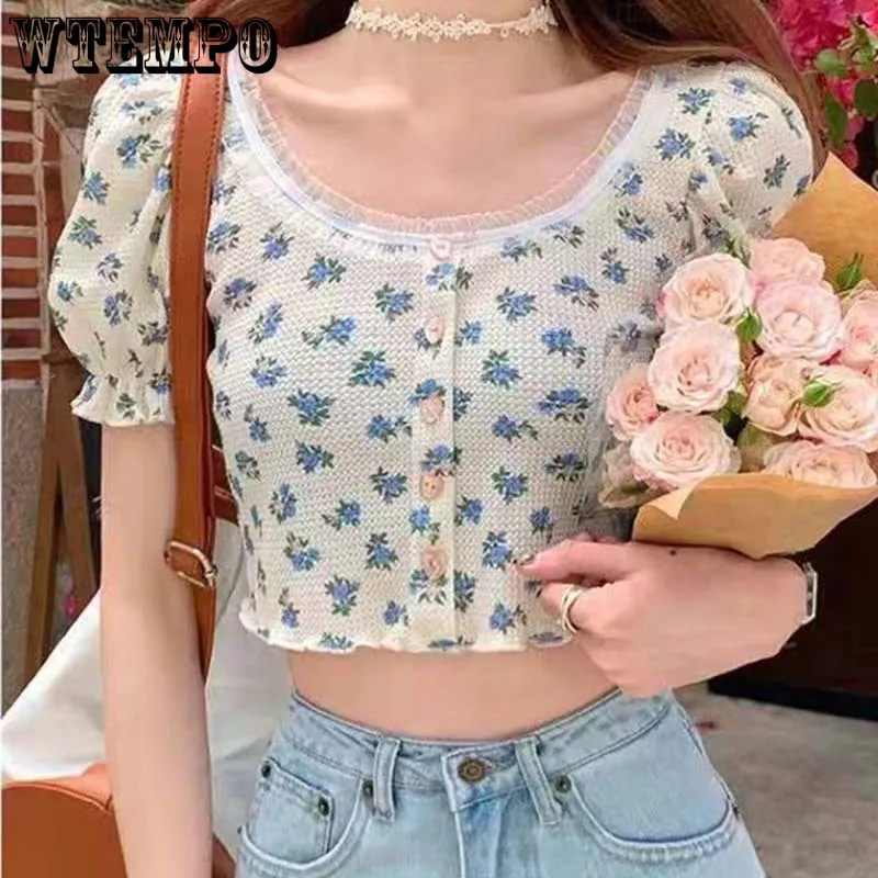Summer Top Short Sleeves Shirt Retro Floral Lace Edge Tee Puff Sleeve Sweet Print Crop Top Vintage French Shirts for Women