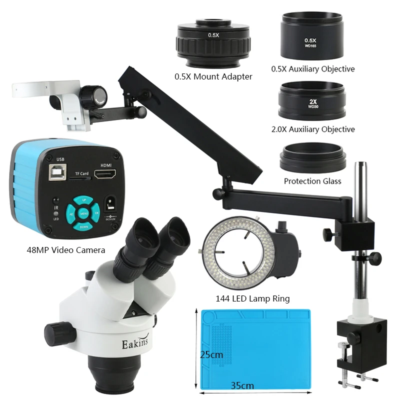 Simul Focal 3.5X-90X Zoom Trinocular Stereo Microscope UHD 48MP 4K HDMI USB Video Camera Arm Pillar Clamp Stand Barlow Lens