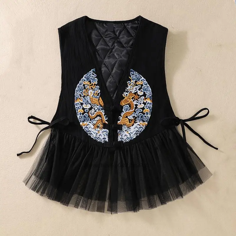 

Женский Короткий кружевной жилет без рукавов, утепленный костюм Тан в традиционном этническом стиле Харадзюку, топ с драконом и винтажной в...
