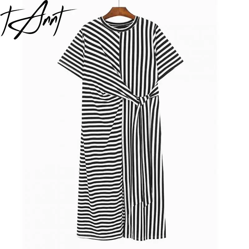 

Tannt Women Dress Irregular Bandages Stripes T-shirt Dresses Asymmetry Fashion Loose Long Summer Dresses For Women 2023 New