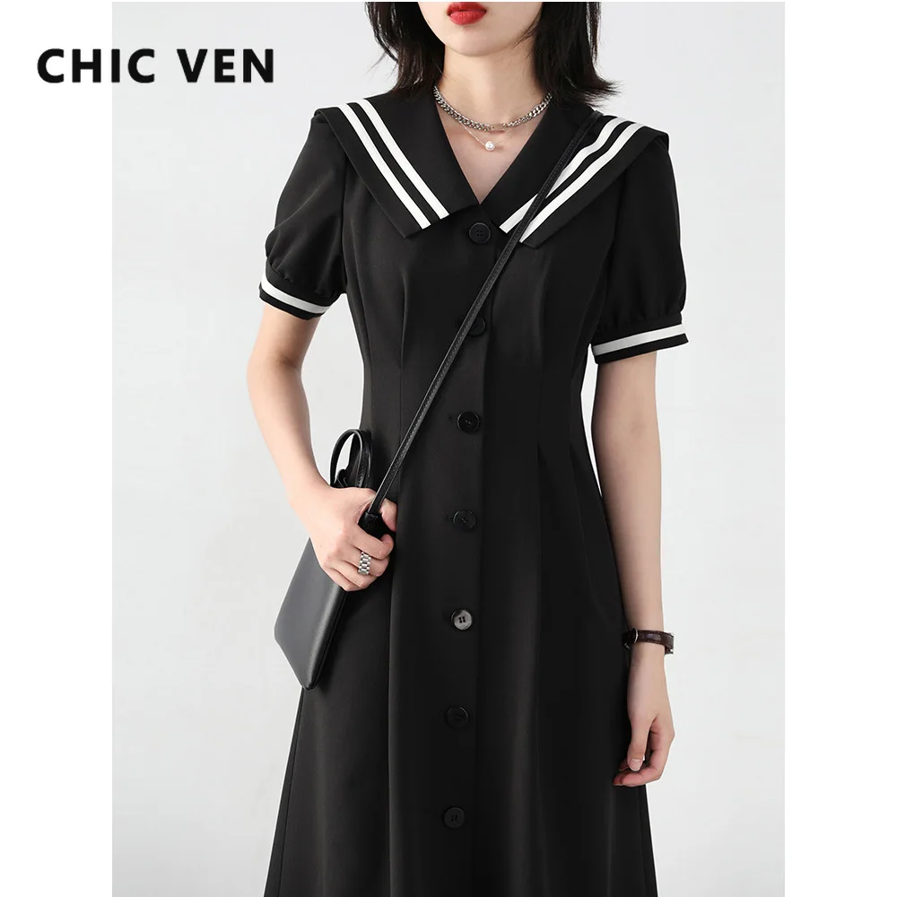 CHIC VEN Korean Women's Dresses Black Short Sleeve Navy Collar Dress for Women Office Lady Female Party College Summer 2022