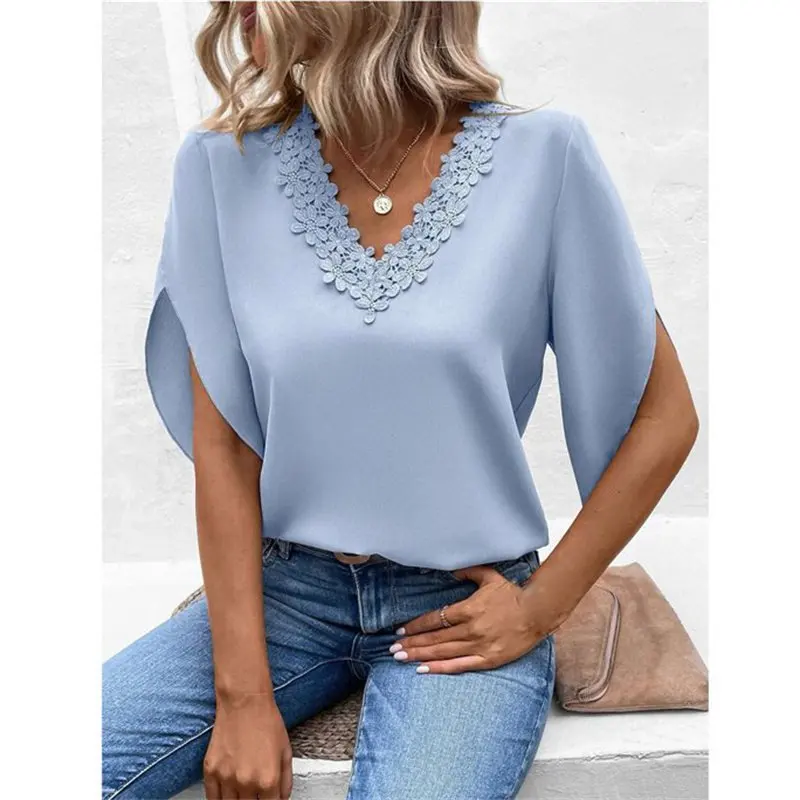 

Women's Casual Loose Tops Solid Color Flared Half Sleeve Elegant Summer Fashion Lace Blouse V-Neck Shirt