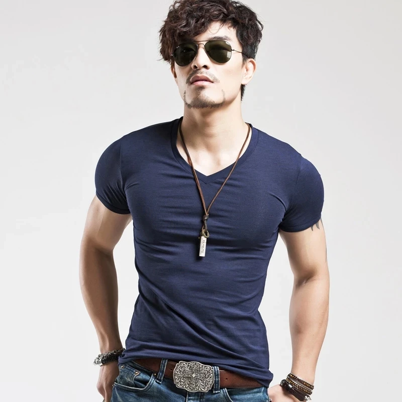 

Brand New Mens T Shirt Pure Color V Collar Short Sleeved Men T-Shirt Black Tights Man T-Shirts Fitness For Male Clothes