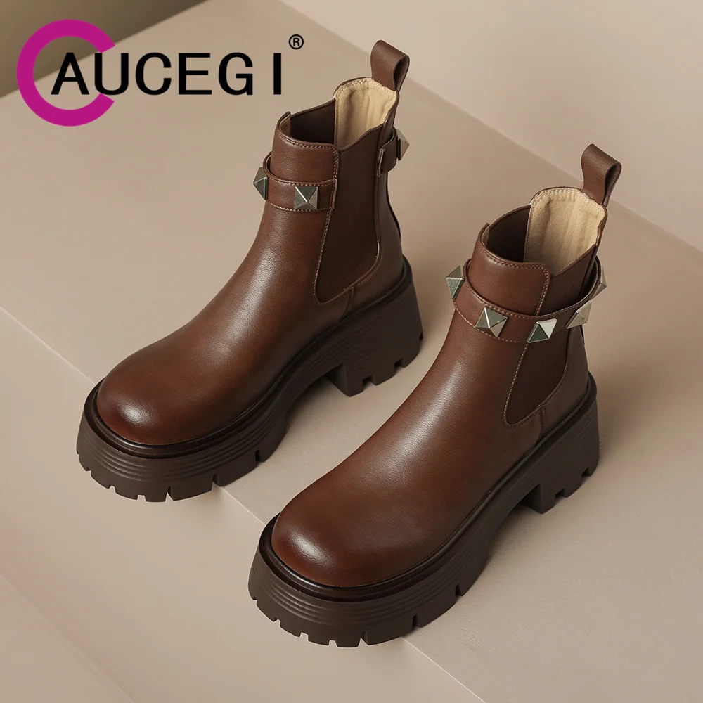 

Осень-зима 2023, новые черные ботильоны челси Aucegi, модные крутые женские повседневные ботинки из натуральной кожи с заклепками и круглым носк...
