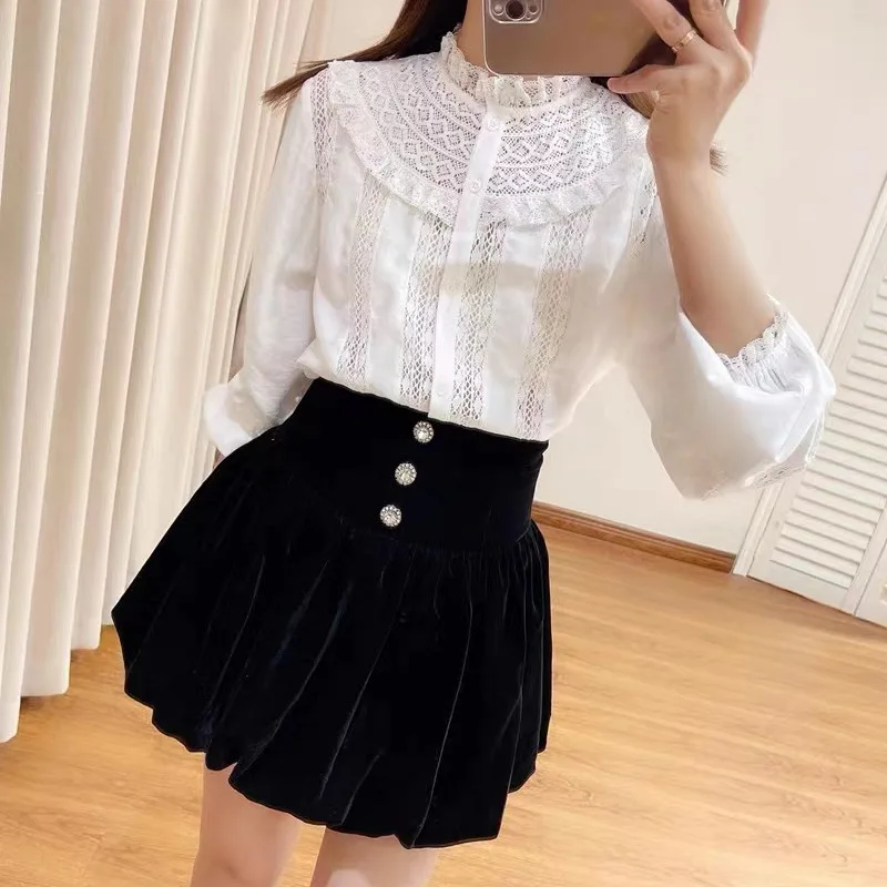 

Women's Shirt Stand Collar Hollow Out Lace Embroidered Single Breasted Blouse Temperament Solid Commuting
