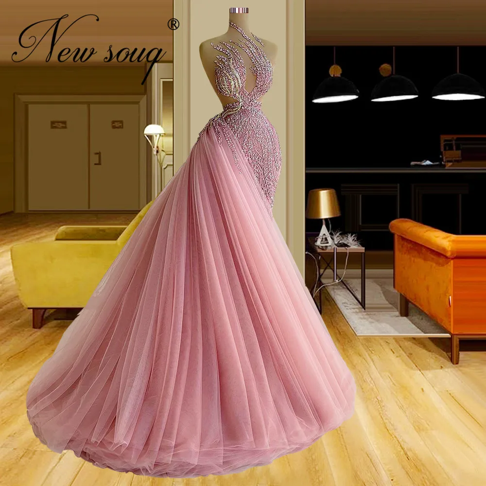 

Pink Elegant Beading Long Evening Prom Dresses Robes De Soiree Arabic Dubai Mermaid Tulle Party Night Couture Celebrity Dress