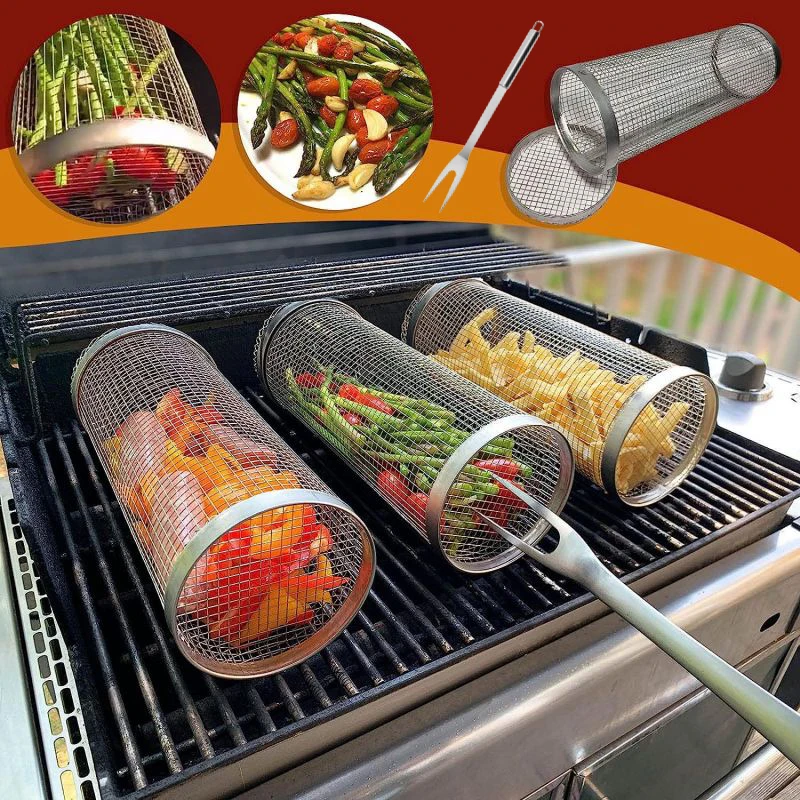 

Bbq Grill Round Barbecue Rack Garden Outdoor Family Camping Campfire Grid Vegetable Basket Stainless Steel Bbq Accessories Tools