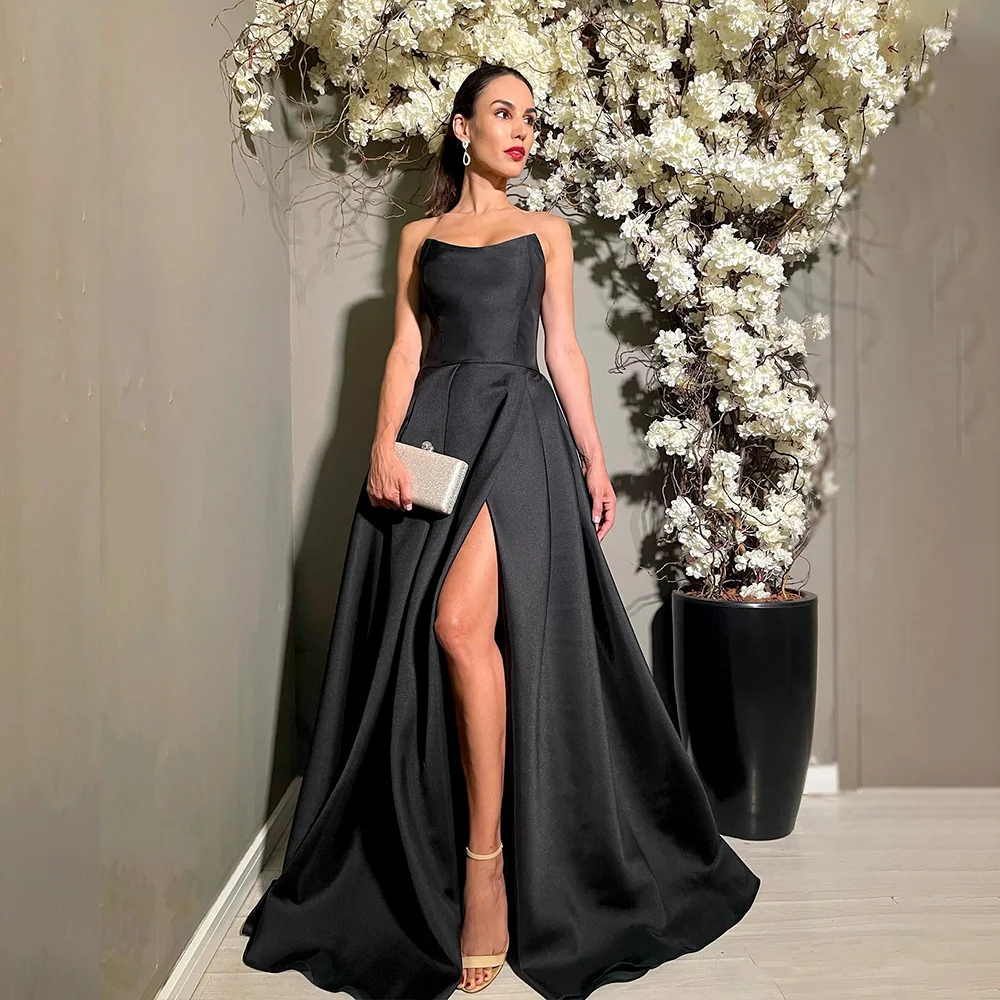

Black A Line Evening Dresses Sexy High Split Mono Satin Wedding Prom Dress with Train Celebrate Event Gowns for Women