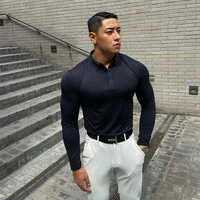 fitness long sleeve mens spring sports casual polo shirt running training elastic slim t shirt all match lapel clothes
