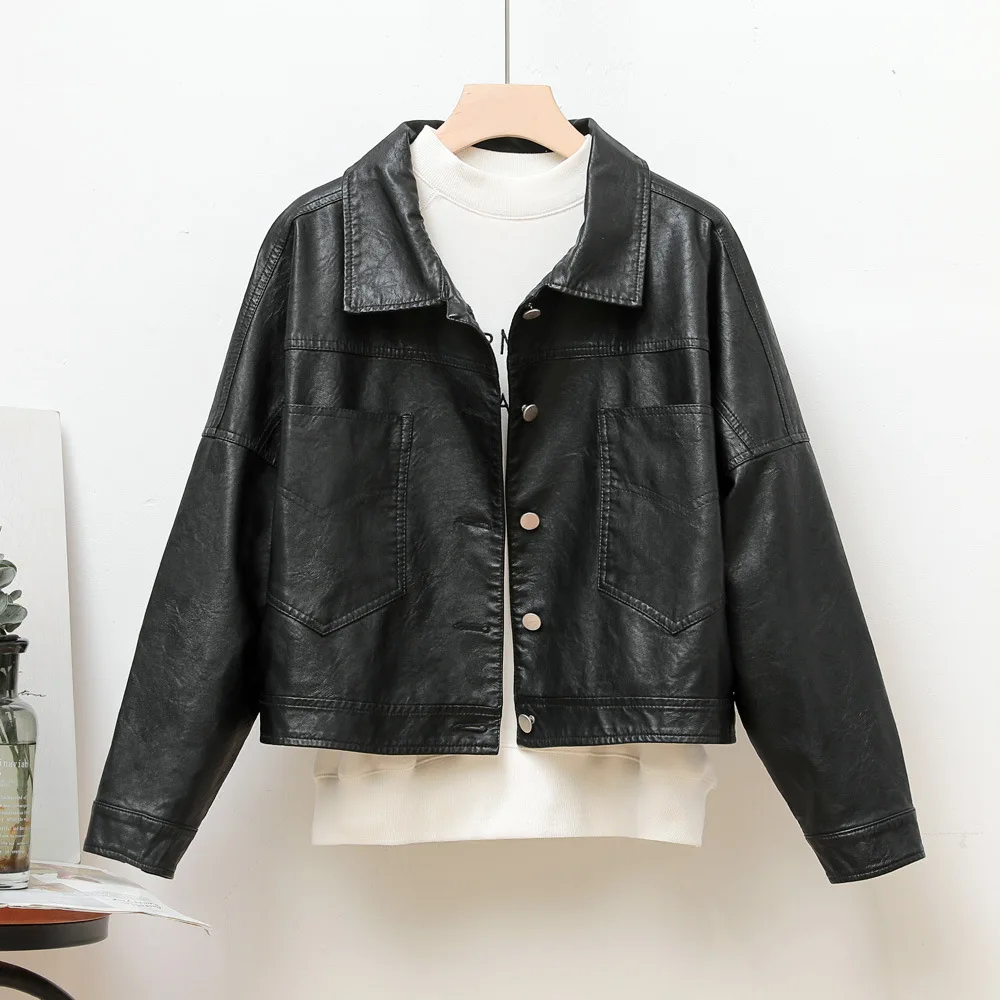 2023 Lapel single breasted large pocket women's leather jacket leather jacket slimming simple purple coat