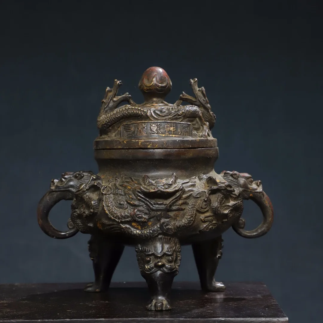 

8"Tibetan Temple Collection Old Bronze Cinnabar Mud gold Dragon Statue Beast head Ear Three legged incense burner Ornaments