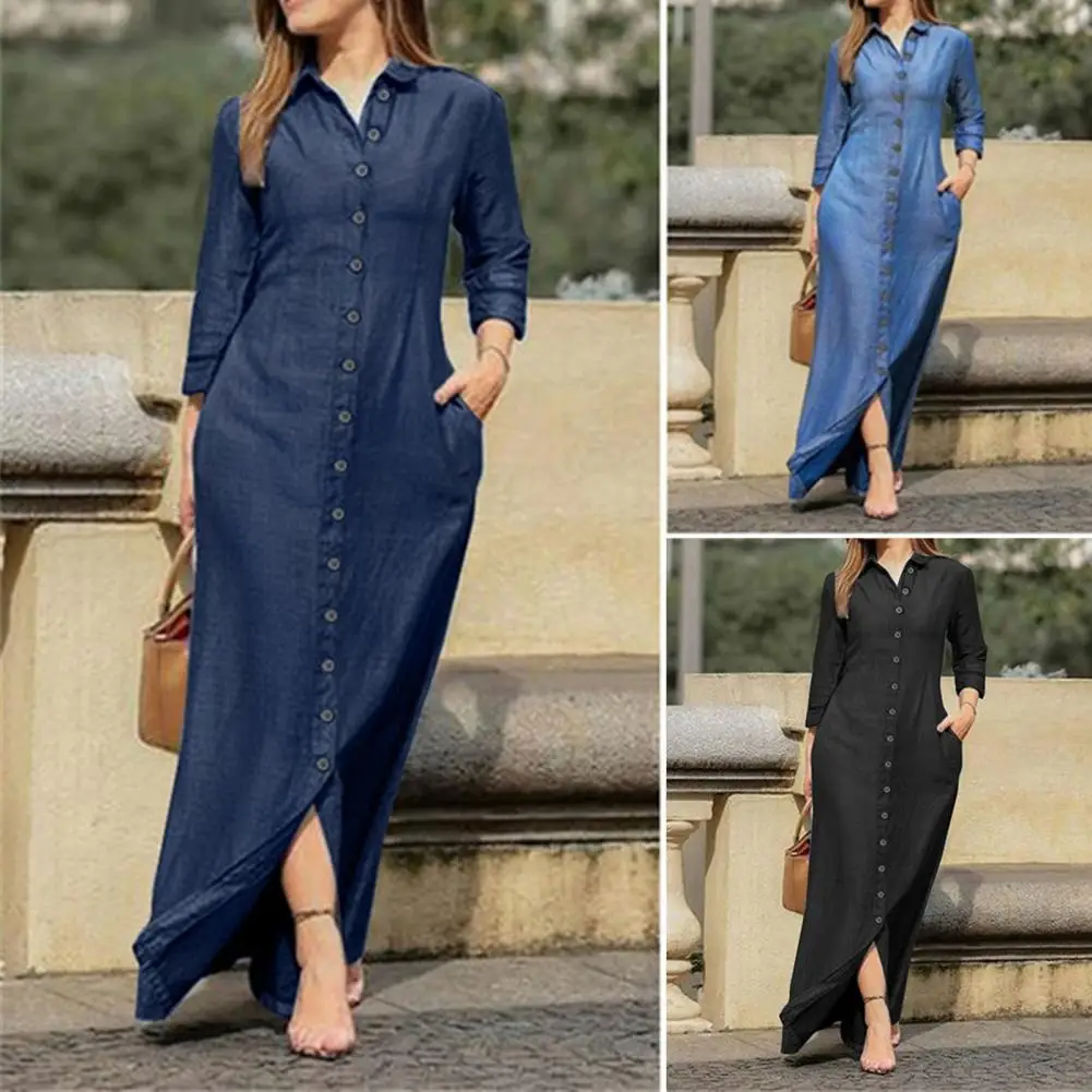 Sleeve Women Dress Two Pockets Solid Color Single Breasted Denim Maxi Dress Ladies Clothing