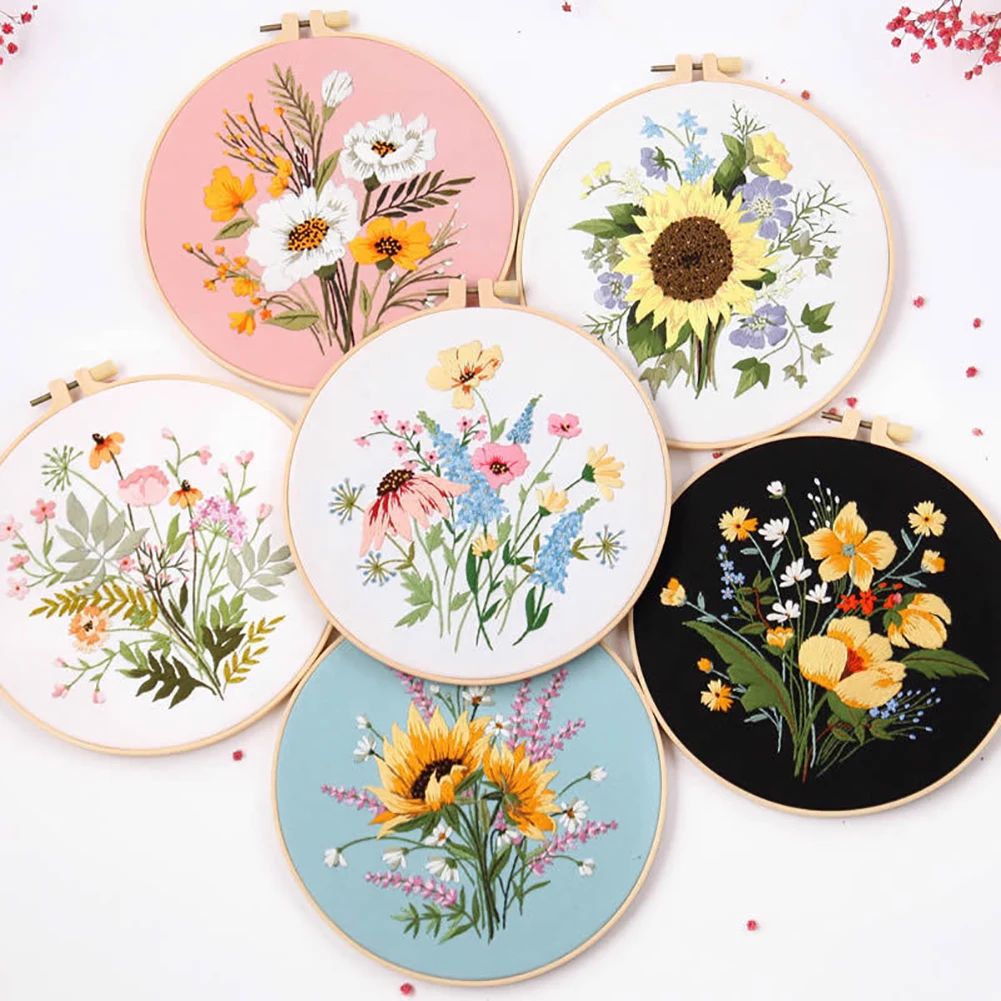 

DIY Embroidery Kit Flowers Plants Kit Starter Beginners Kids Handcraft Needlework Cross Stitch Kit Embroidery Hoop Home Decor
