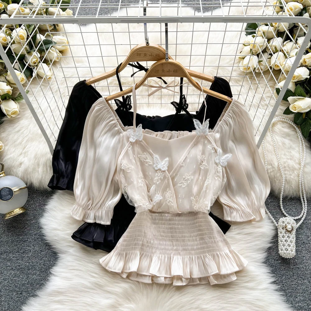 

Korea Chic Embroidered Butterfly Short Sleeve Shirt Women New Fashion V Neck Chiffon Blouse Tops Mujer G001