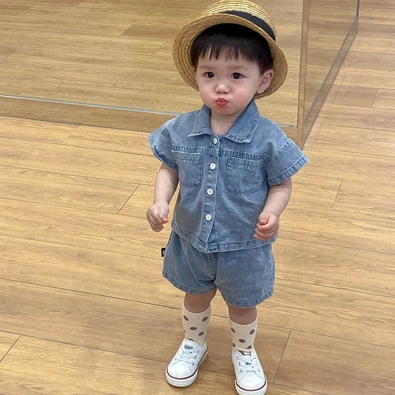 

Summer Kids Girls Boys Solid Color Children's Clothes Suit Baby Boys Girls Short Sleeve Cowboy T-shirt + Pants Clothing Sets
