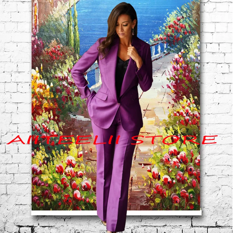 Formal Women's Pant Suit 2 Piece Slim Purple Blazer + Trousers Party Dress Ouifit Suit for Lady