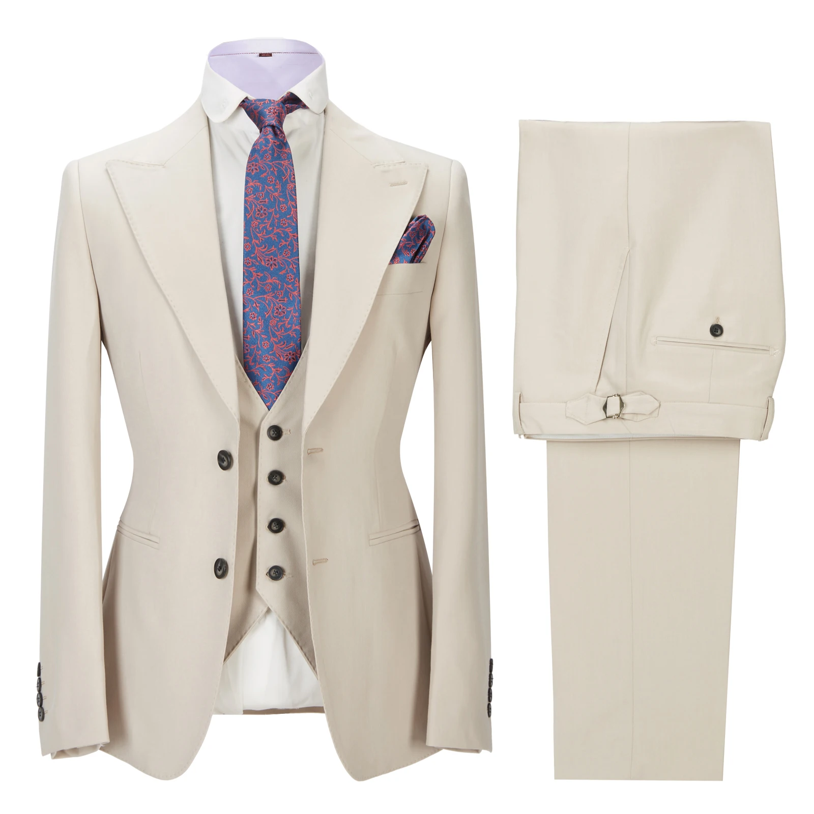

Beige Men's Suit 3-Piece Single Breasted Peak Lapel jacket Business Casual Groom's Wedding Tuxedo （Blazer+Vest+Pants）