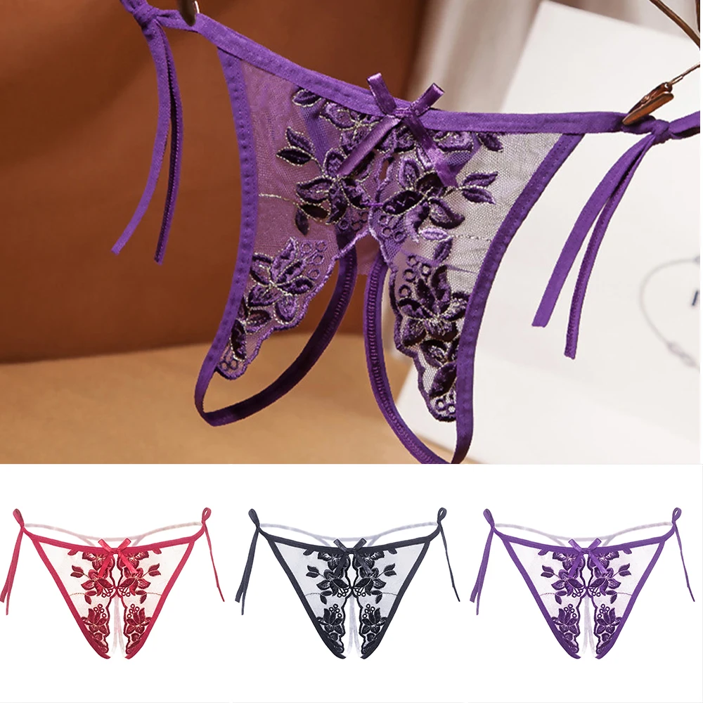 

Hot Open Crotch Sexy Lingerie Womens Lace Embroidery Transparent Underwear Panties New Female Crotchless Sheer G-String Thong