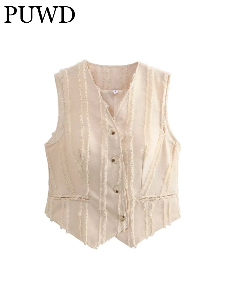 

PUWD Women Fashion Beige Single-breasted Tassel Tanks Top 2023 Summer Vintage V Neck Sleeveless Female Tops Mujer
