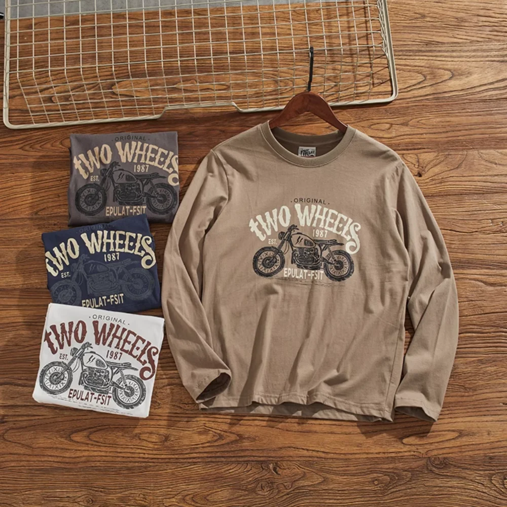 

Printed cotton long sleeve T-shirt for men washed to make old comfortable casual base coat