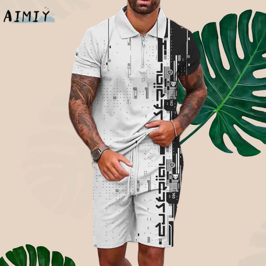 Summer Men's Zip Polo Shirt Golf T-Shirt Set Graphic Prints Tracksuit Turndown Street Short Sleeve Sweatshirt Streetwear Clothes