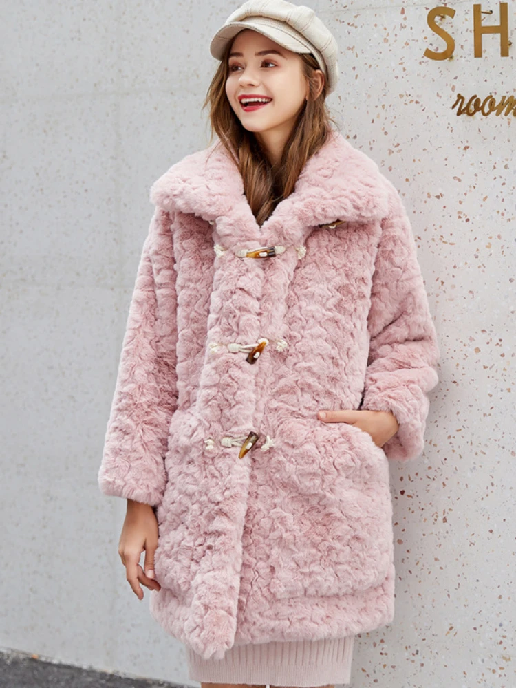 Fashion Imitation Rabbit Fur Coats Women 2022 Winter Loose Warm Horn Button Coat Casual Sweet Imitation Fur Mid-length Outwear
