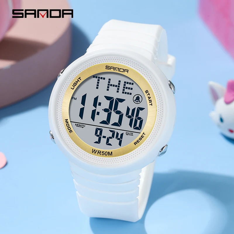 SANDA Fashion Womens Electronic Watch Multifunctional Luminous Digital Display Women Watch Waterproof Chronograph Leisure Clock