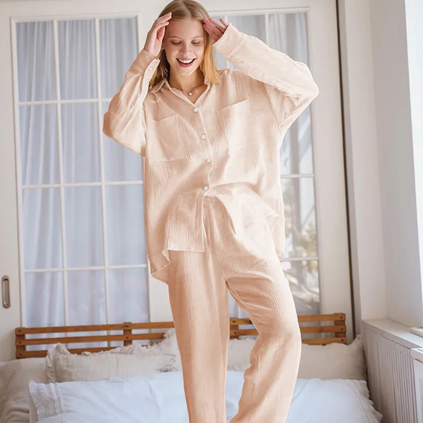 

Newest Style Yellow Cotton Shirt Cardigan Tops with Long Trousers Suit Pajamas Women's Autumn Cotton Comfortable Home Clothes