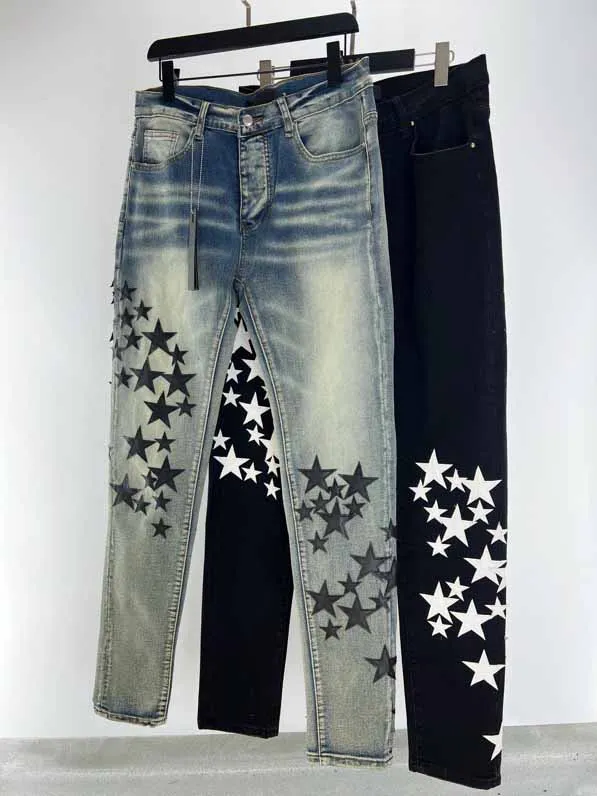 

Мужские кожаные рваные джинсы со звездами