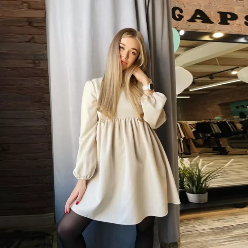 

CHURSES O-Neck Folds Lantern Sleeve Casual Dresses Autumn Solid Color A-Line Loose Comfort High Waist Dress For Women 2021 New