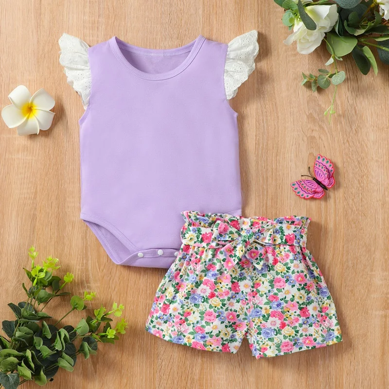 

New Baby Girl Outfit Set Cotton Lace Flying Sleeve Bodysuits+flower Print Short Pants 2 Pcs Sets Summer Baby Girls Clothes 0-18M