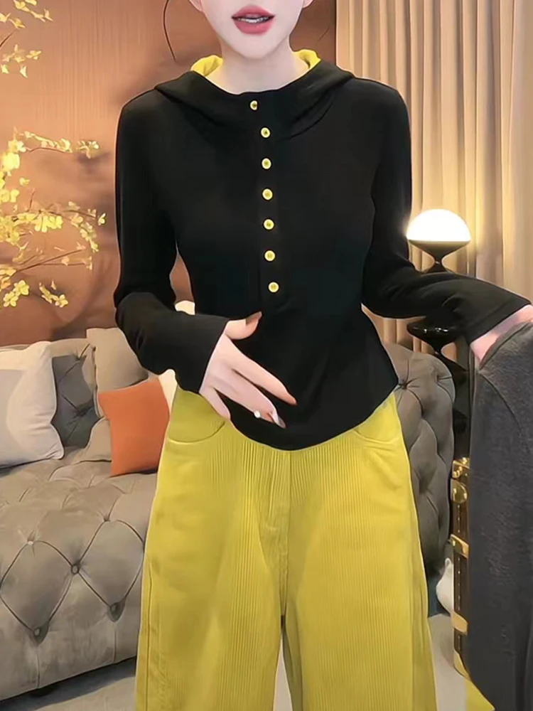 Plus Size High-End Black Temperament Hood Shoulder Korean Series 2024 Autumn New Half-Open Collar Breasted Bottoming Shirt T-...