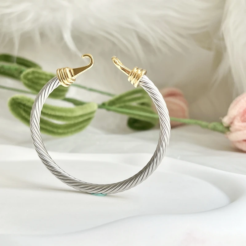 

New 5MM Gold Hook Twisted Wire Buckle Bracelet in Sterling Silver with 14K Yellow Plated