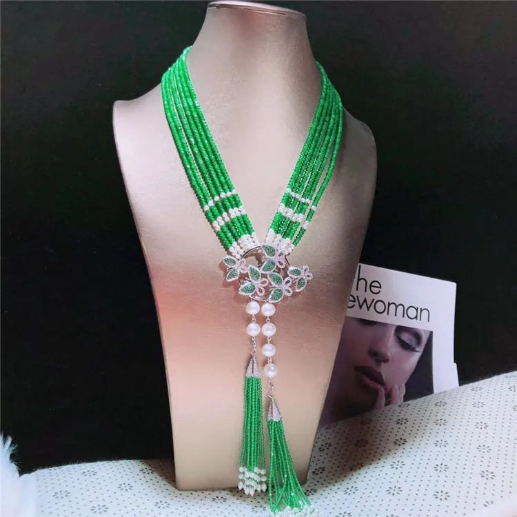 Hand knotted natural white fresh water small pearl green stone micro inlay zircon accessoriese clasp sweater necklace