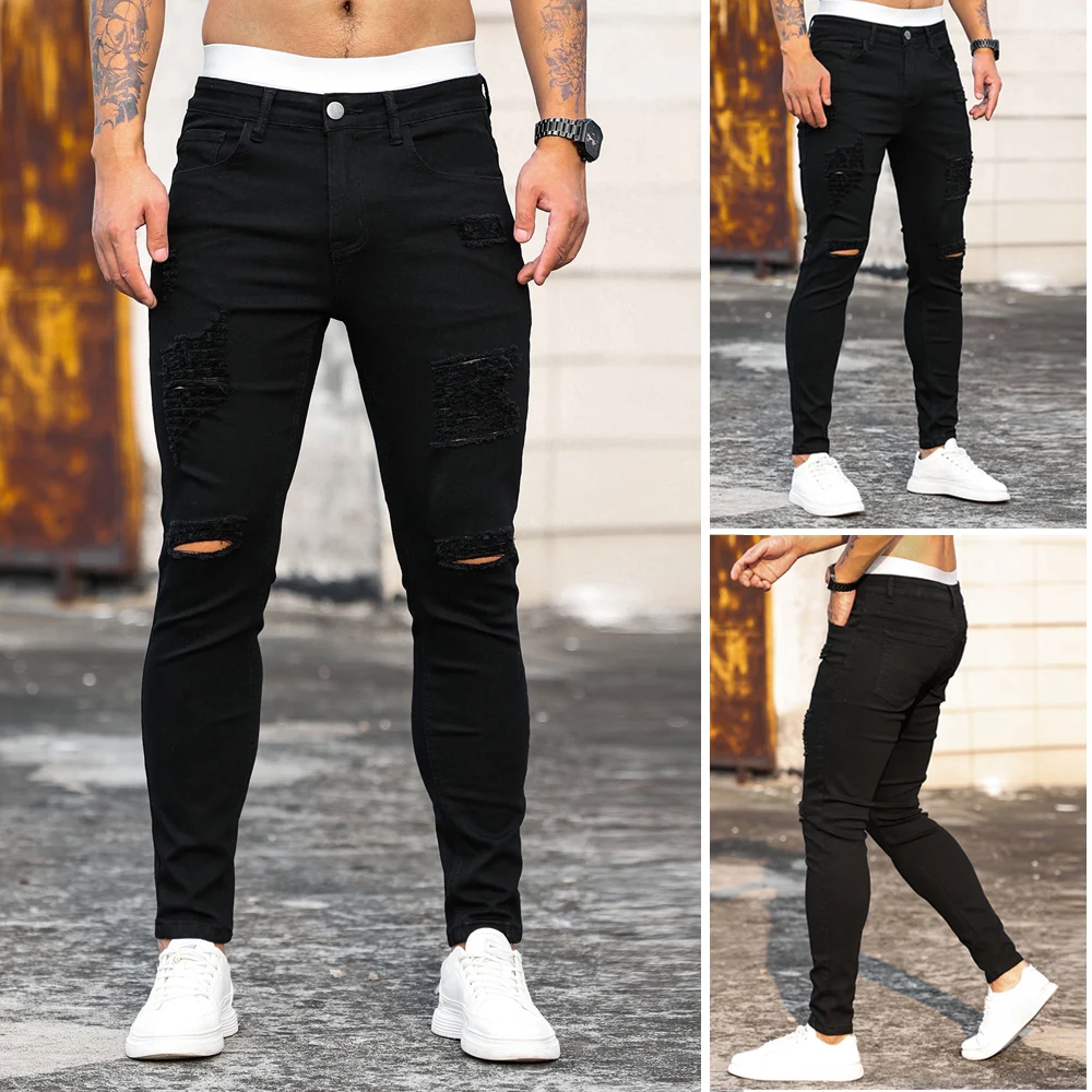 2023 New Skinny Jeans Mens Black Slim Ripped Stretch Denim Pants Male Jean Solid Color Daily Hip Hop Skinny Hole Trousers Men